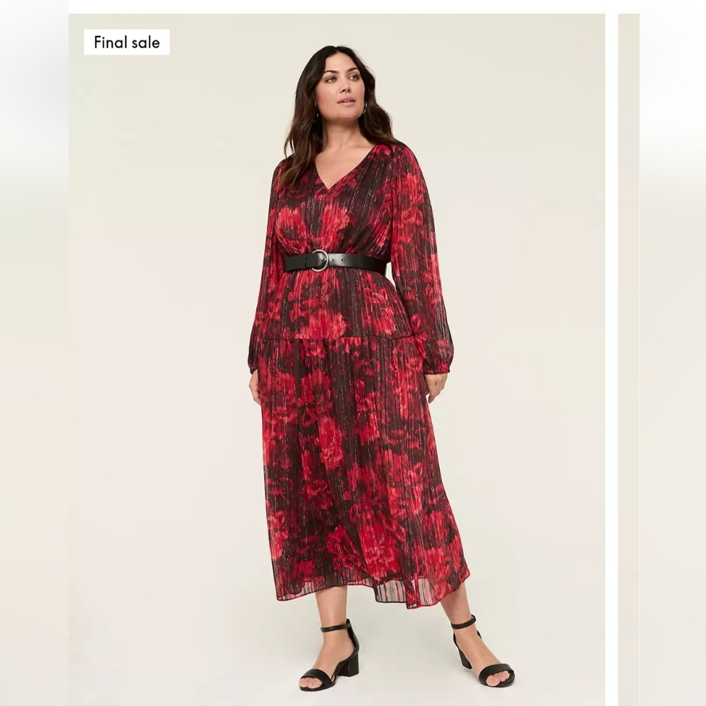 Red Floral V-Neck Lurex Shimmer Shirred Shoulder Long Sleeve Dress Size 14